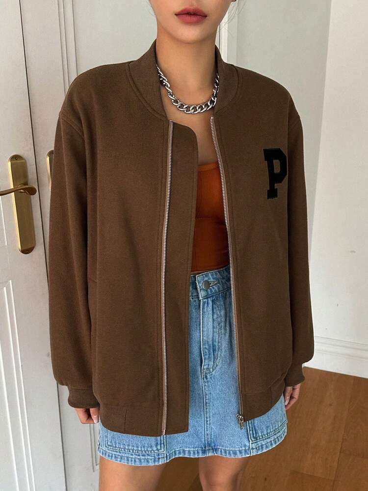 Letter Pattern Drop Shoulder Zip Up Bomber Jacket,Fall Women Clothes