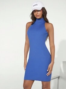 SHEIN BASICS Solid High Neck Bodycon Sweater Dress - Blue - View 3