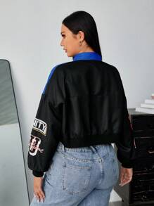 SHEIN EZwear 大碼字母圖案撞色落肩袖短款飛行員夾克 - 黑色 - 查看 2