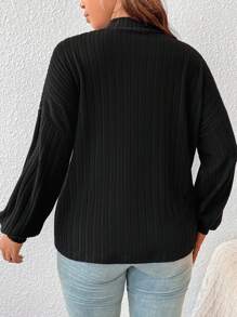 SHEIN Frenchy Talla grande Camiseta unicolor de cuello alto de hombros caídos de canalé - Negro - Ver 2