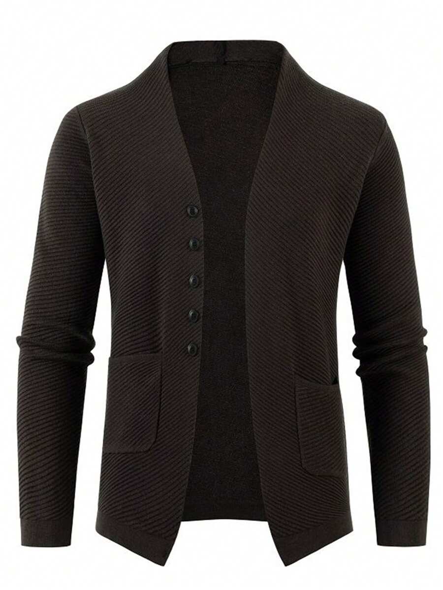 男士双口袋纽扣开衫，透气 - 咖啡棕 - 查看 1