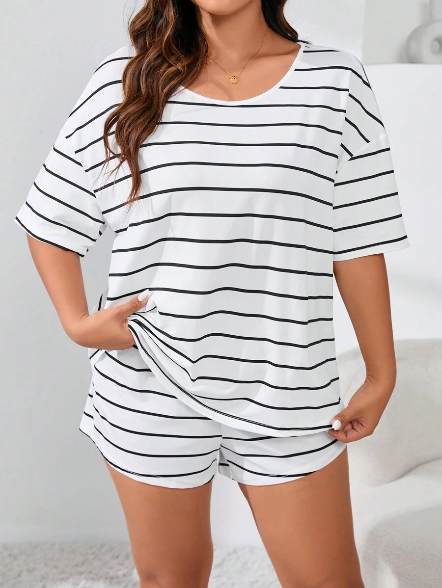 Plus Size Striped Casual Skin-Friendly Pajama Set, Outfits - White - View 1