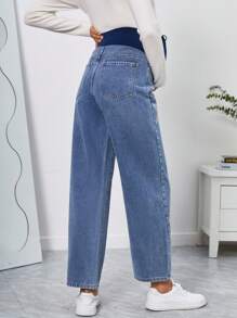SHEIN Maternity Wideband Waist Star Print Straight Leg Jeans - Medium Wash - View 2