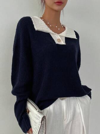 DAZY Suéter de hombros caídos con cuello de contraste, blusas de manga larga, ropa de otoño