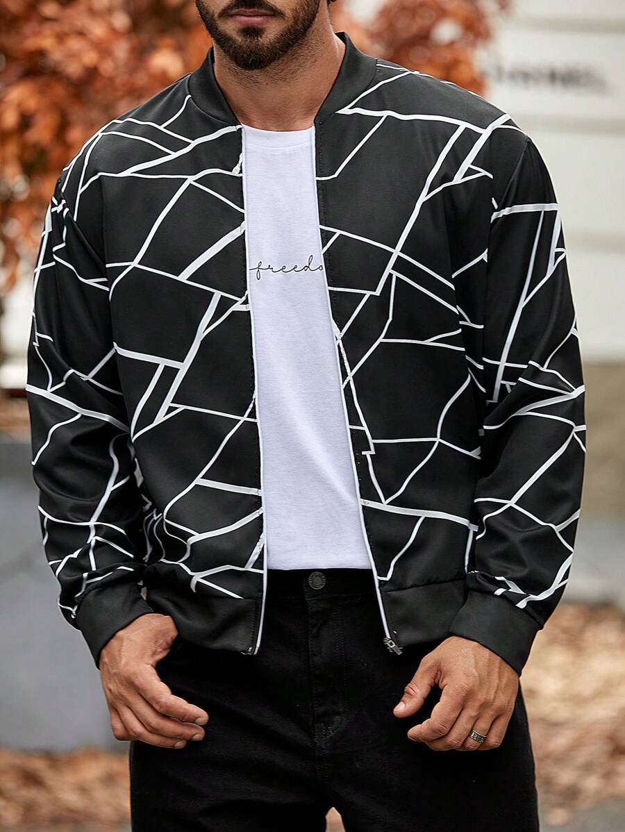 Manfinity Homme Loose Fit Men's Geometric Pattern Zipper Bomber Jacket ...