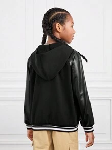 SHEIN Tween Girl Slogan Graphic Striped Trim Slogan Graphic Raglan Sleeve Varsity Jacket - Black - View 2