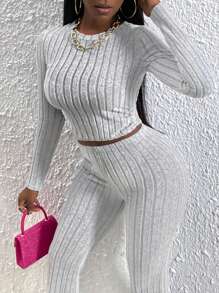 Slaydiva Tie Backless Crop Tee & Flare Leg Pants - Grey - View 3