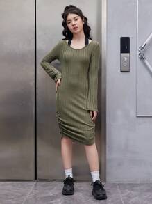 青少年女孩聖誕節純色羅紋針織連身裙（無腰帶）