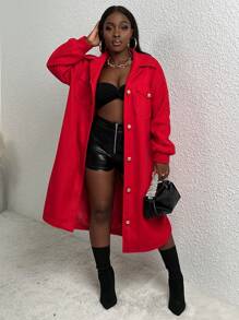 Slaydiva 有蓋口袋落肩大衣 - 紅色 - 查看 4