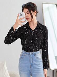 Teen Girls Sequin Button Front Shirt - Black - View 1