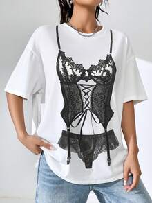 SHEIN Unity 圖案印花落肩袖超大號T恤 - 白色 - 查看 3