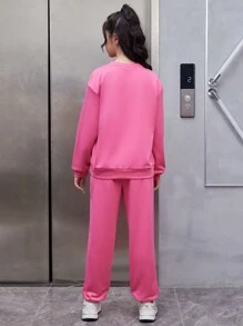 Teen Girl Letter Embossed Drop Shoulder Sweatshirt & Sweatpants - Hot Pink - View 2