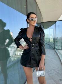 Zolique Solid PU Leather Puff Sleeve Belted Coat - Black - View 3