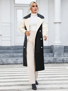 SHEIN Essnce 雙色雙排釦腰帶風衣外套 - 黑與白 - 查看 5