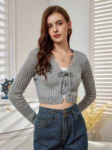 Cárdigan crop con cordón delantero - Gris - Ver 4
