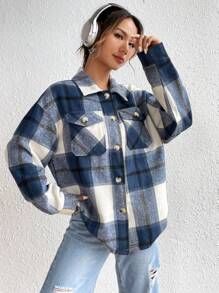 SHEIN Unity Plaid Print Drop Shoulder Flap Pocket Shirt,Long Sleeve Tops Fall Cloth For Women - Navy Blue - View 3