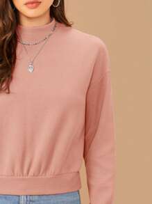 SHEIN Essnce 秋冬立领落肩套头衫、长袖上衣 - 粉色 - 查看 5