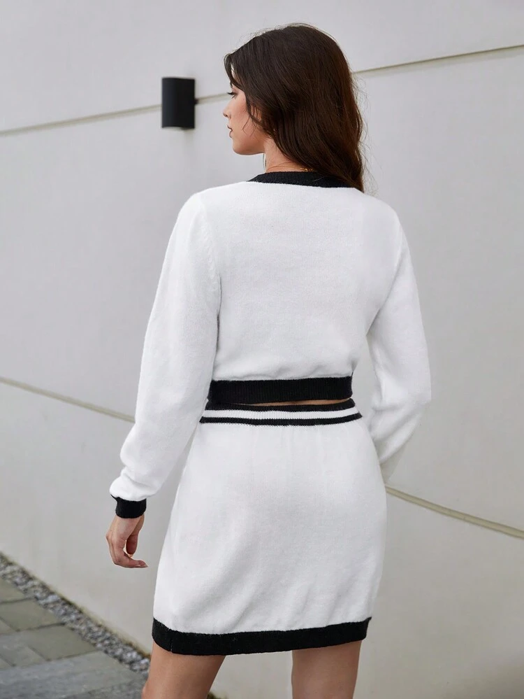 Contrast Trim Cardigan & Knit Skirt