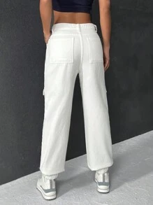 SHEIN EZwear Quần jean túi có nắp lưng cao - trắng - Xem 2