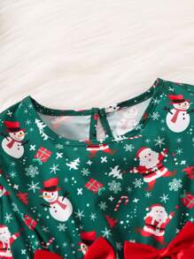 SHEIN Young Girl Christmas Print Bow Front Ruffle Trim Dress - Green - View 4