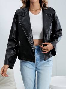 SHEIN Essnce Zip Up PU Leather Moto Jacket - Black - View 5