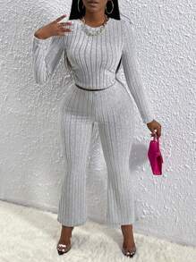 Slaydiva Tie Backless Crop Tee & Flare Leg Pants - Grey - View 4