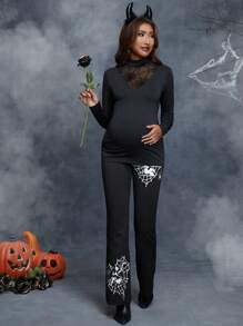 SHEIN 孕婦萬聖節蜘蛛網印花嵌入網紗小高領T恤 - 黑色 - 查看 5