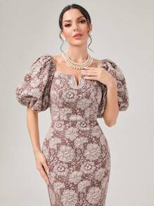 Modelyn Váy dạ hội dài tay bồng in hoa viền lông - Bụi hồng - Xem 6