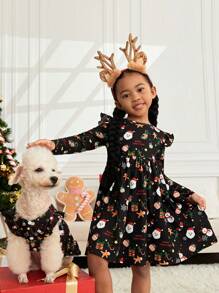 女小童聖誕圖案荷葉邊洋裝 - 黑色 - 查看 3