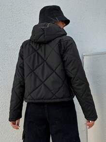 EURMUSE Contrast Binding Zip Up Quilted Coat - Black - View 2