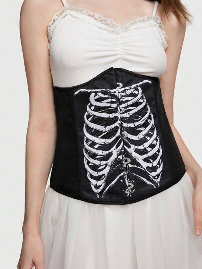 Goth 1pc Women Skeleton Print Lace Up Corset Belt, Halloween