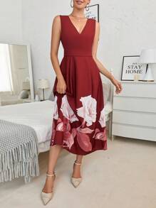 SHEIN Clasi Floral Print Fold Pleated Detail Dress - Red - View 5