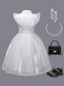 SHEIN 女大童荷葉邊腰帶網紗覆蓋洋裝 - 白色 - 查看 2