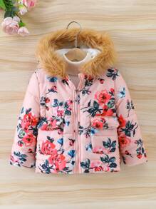SHEIN Young Girl Floral Print Fuzzy Trim Hooded Padded Coat Without Sweater - Pink - View 1