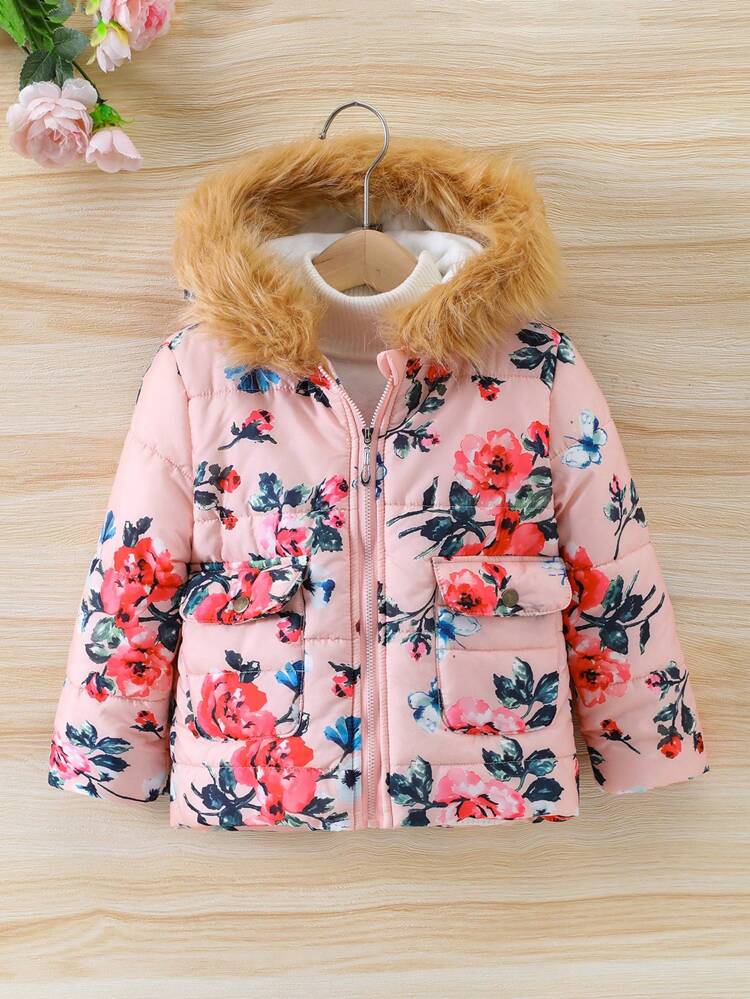 Young Girl Floral Print Fuzzy Trim Hooded Padded Coat Without Sweater