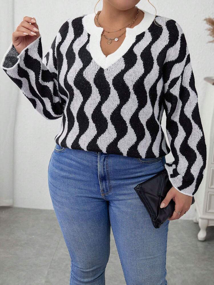 Plus Wave Striped Pattern Drop Shoulder Sweater Knit Pullover Fall Winter Sweater