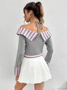 SHEIN Unity Jersey crop con patrón de rayas de hombros descubiertos doblado - Gris - Ver 2