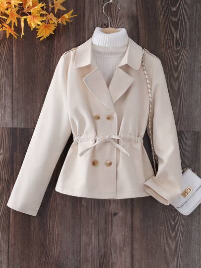 Tween Girls' Casual & Fashionable British Style Regular Fit Apricot Trench Coat For Outerwear
