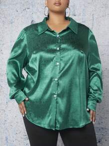 SHEIN CURVE+ Plus Jacquard Button Up Shirt - Dark Green - View 4