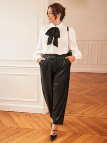 SHEIN Frenchy 大碼前繫帶燈籠袖襯衫 - 白色 - 查看 6