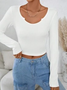 SHEIN EZwear Solid Ribbed Knit Tee - White - View 3