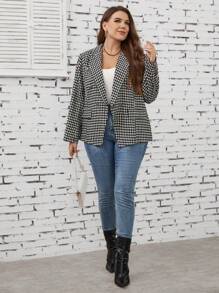 SHEIN LUNE Plus Houndstooth Print Double Breasted Blazer - Black and White - View 6