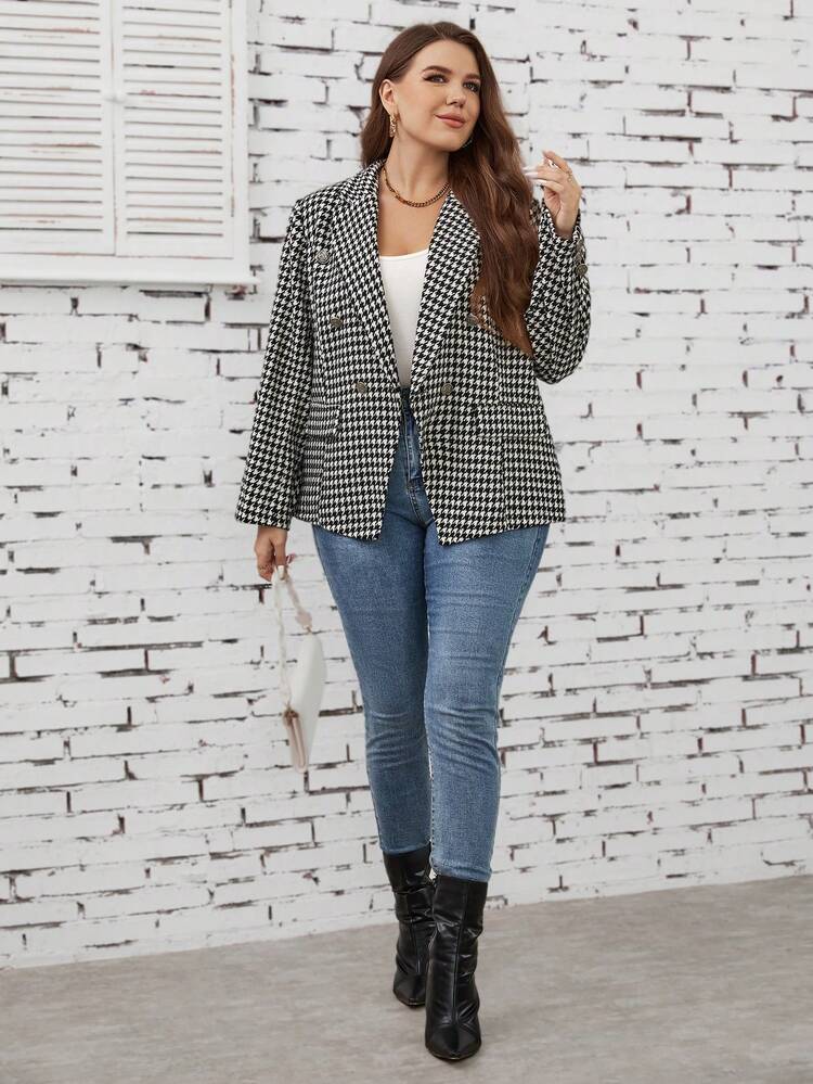 Plus Houndstooth Print Double Breasted Blazer