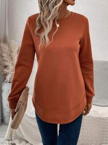 SHEIN LUNE 圆领侧开衩圆下摆保暖内衬休闲舒适保暖长袖运动衫，秋冬 - 棕色 - 查看 5