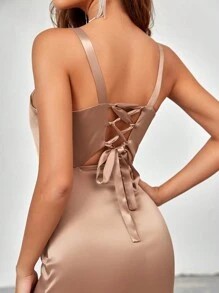 SHEIN Belle Split Thigh Satin Bridesmaid Dress - Champagne - View 5