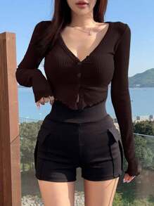 DAZY Solid Button Front Crop Tee - Coffee Brown - View 5