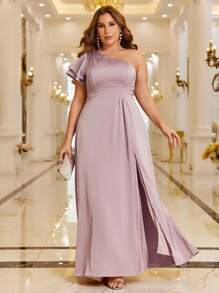 SHEIN Belle Plus 1pc One Shoulder Split Thigh Satin Dress - Dusty Pink - View 5
