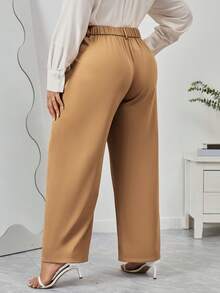 SHEIN Privé Hơn Chất rắn Túi nghiêng quần ống rộng Quần tây - Màu Khaki - Xem 2