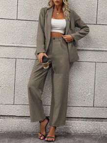 SHEIN Privé Áo blazer và quần vest trơn một nút - màu nâu - Xem 4