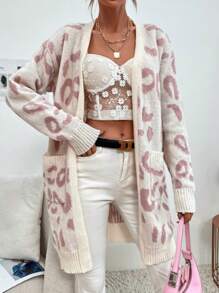 SHEIN Unity 豹纹双口袋落肩开衫 - 粉色 - 查看 4